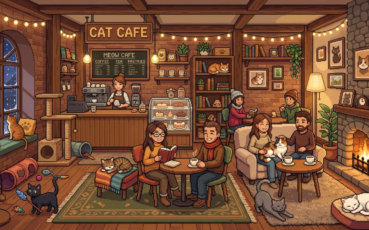 A cozy cat cafe full of cats and visitors