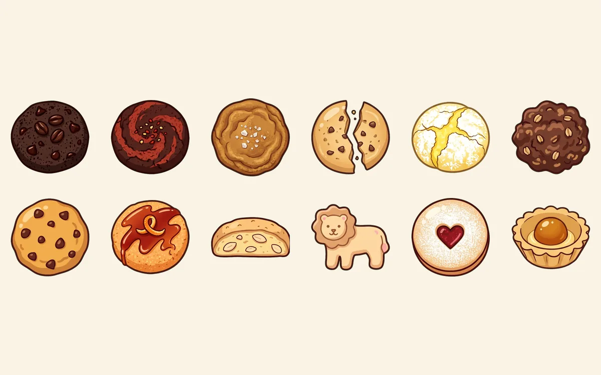 Twelve illustrated cookies