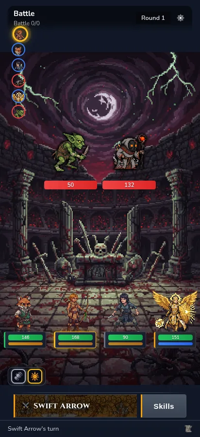 A Dorf battle: a party of heroes fighting in a dungeon