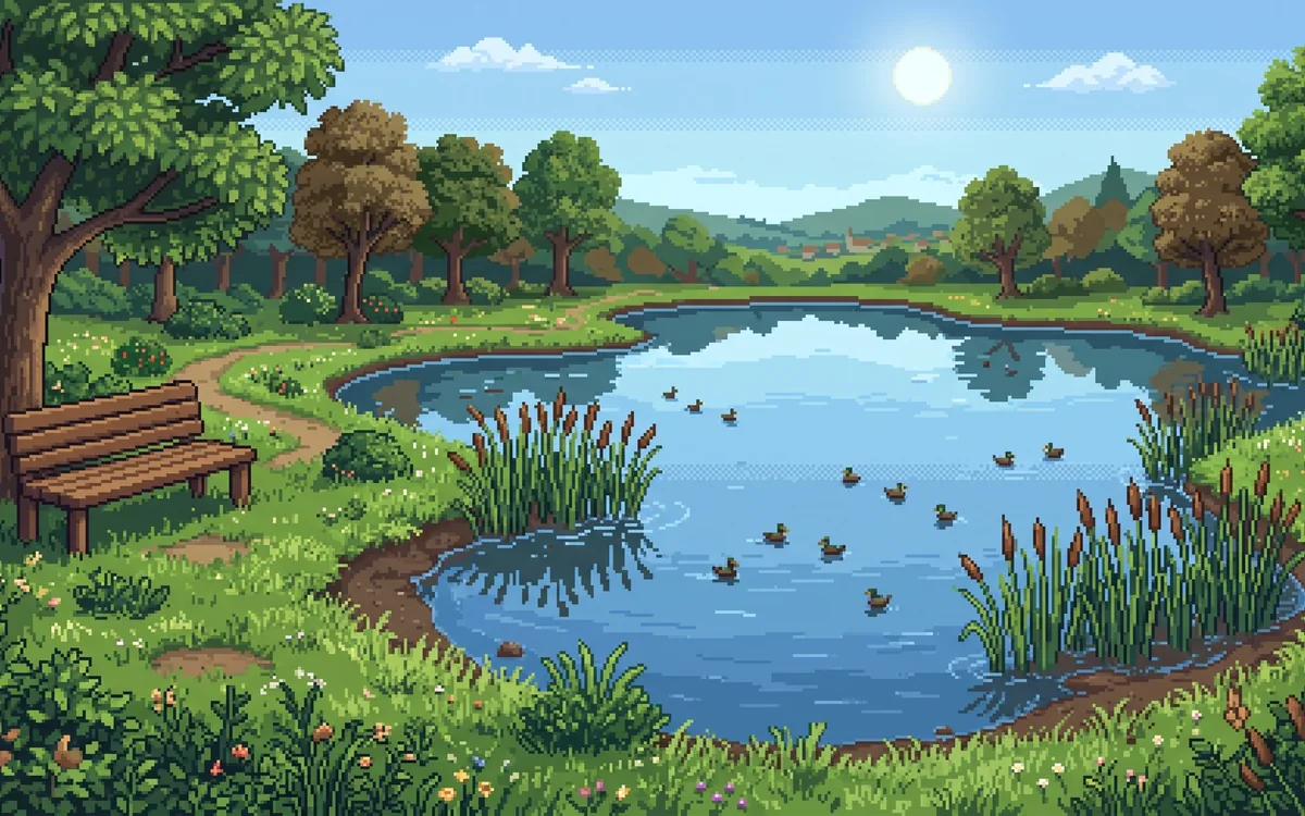 A sunny pond with ducks swimming