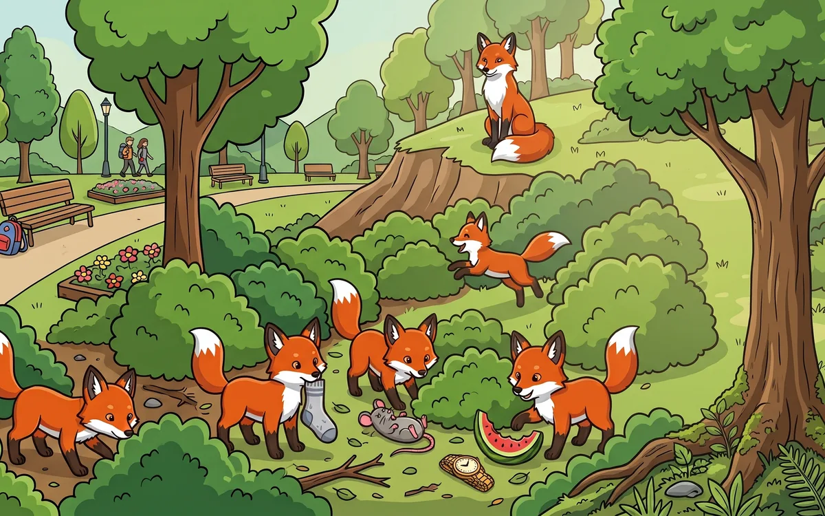 Fox kits playing in a park